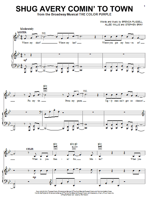 Learn to play The Color Purple (Musical) Shug Avery Comin' To Town sheet music for Piano, Vocal & Guitar Chords (Right-Hand Melody) in minutes. Price: 7.8900$ The Color Purple (Musical) Shug Avery Comin' To Town sheet music notes and chords arranged for Piano, Vocal & Guitar Chords (Right-Hand Melody)