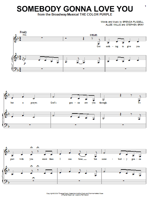 Learn to play The Color Purple (Musical) Somebody Gonna Love You sheet music for Piano, Vocal & Guitar Chords (Right-Hand Melody) in minutes. Price: 7.8900$ The Color Purple (Musical) Somebody Gonna Love You sheet music notes and chords arranged for Piano, Vocal & Guitar Chords (Right-Hand Melody)