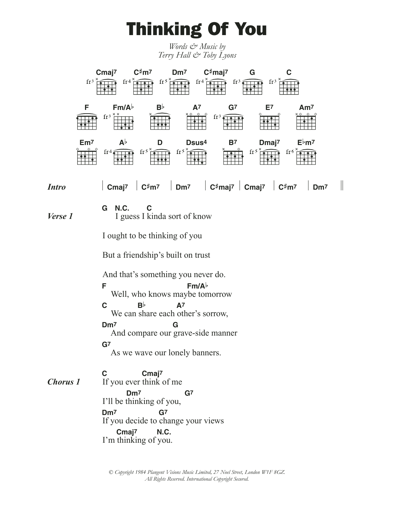 The Colourfield Thinking Of You sheet music notes and chords. Download Printable PDF.