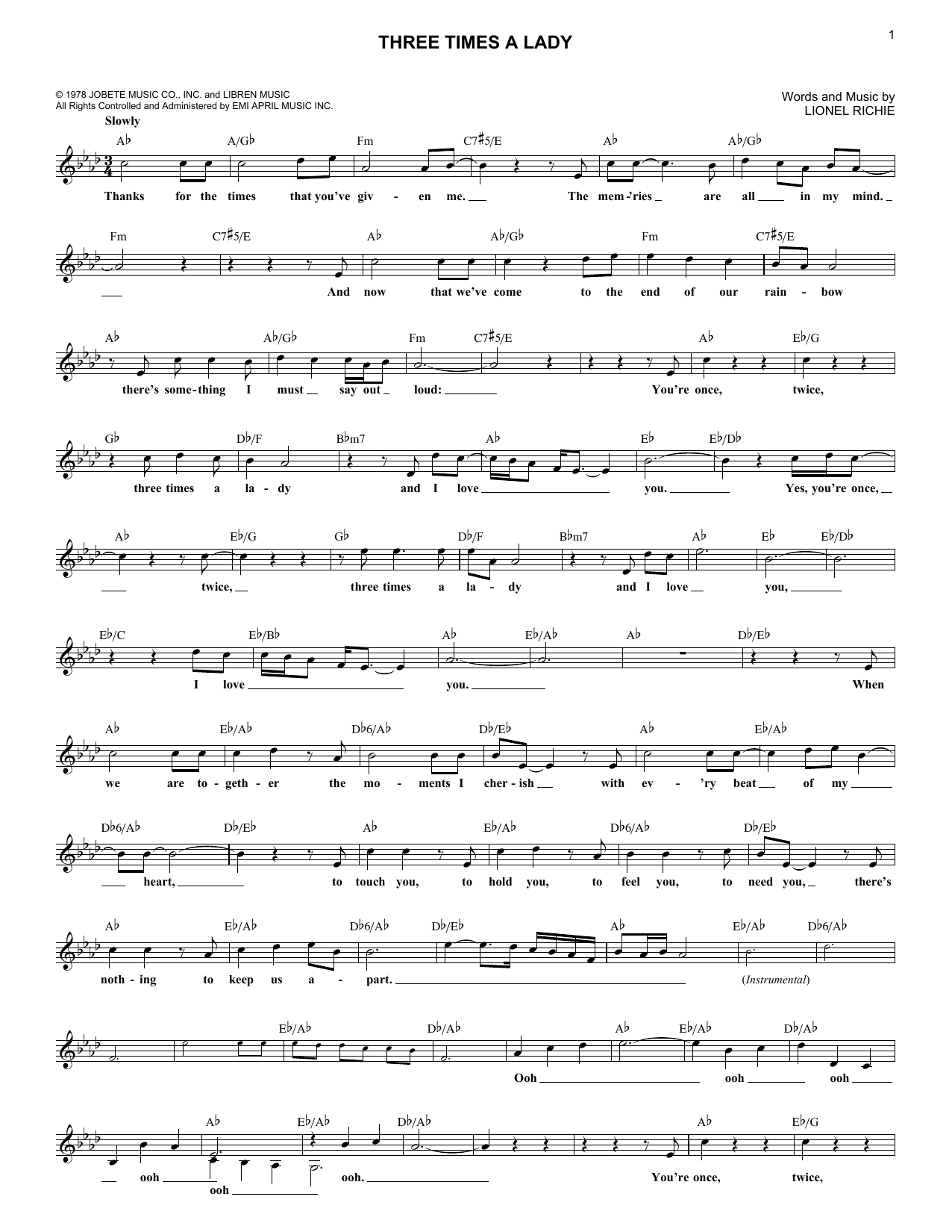 The Commodores Three Times A Lady sheet music notes and chords. Download Printable PDF.