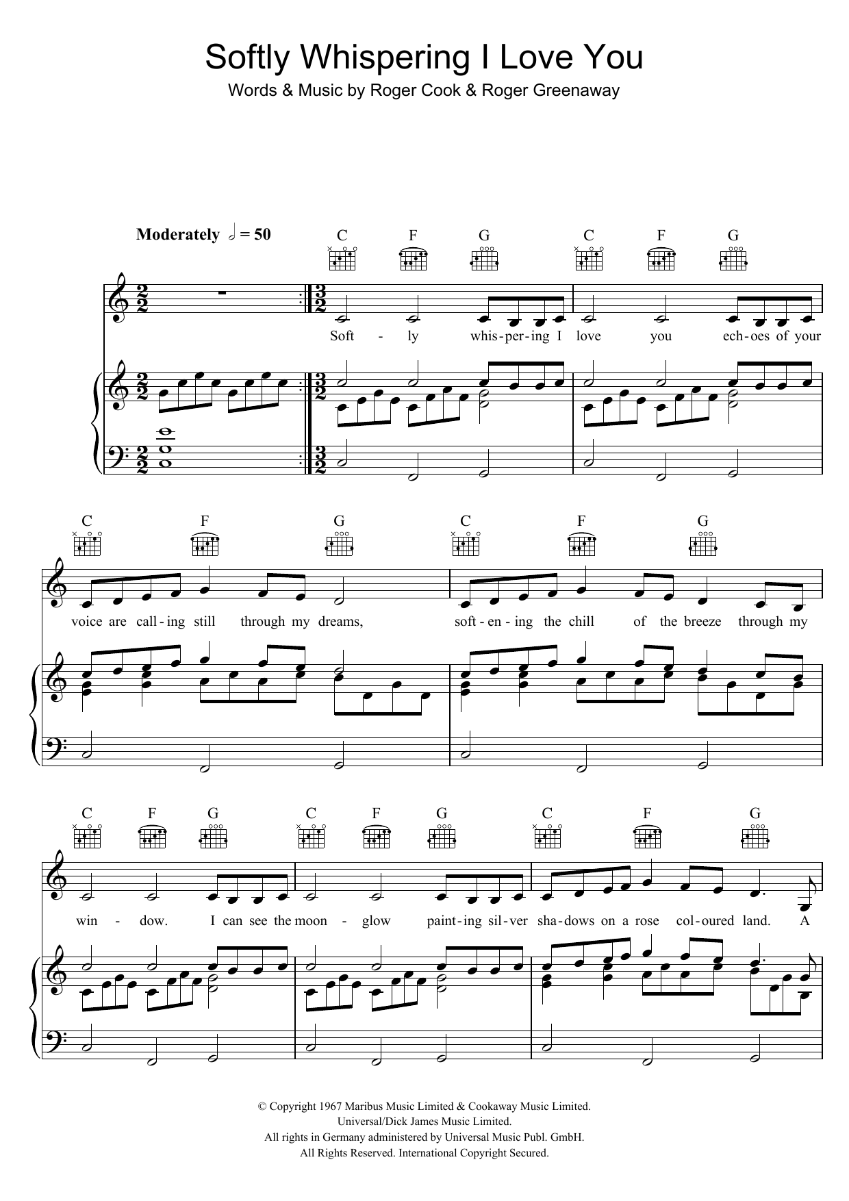 The Congregation Softly Whispering I Love You sheet music notes and chords. Download Printable PDF.