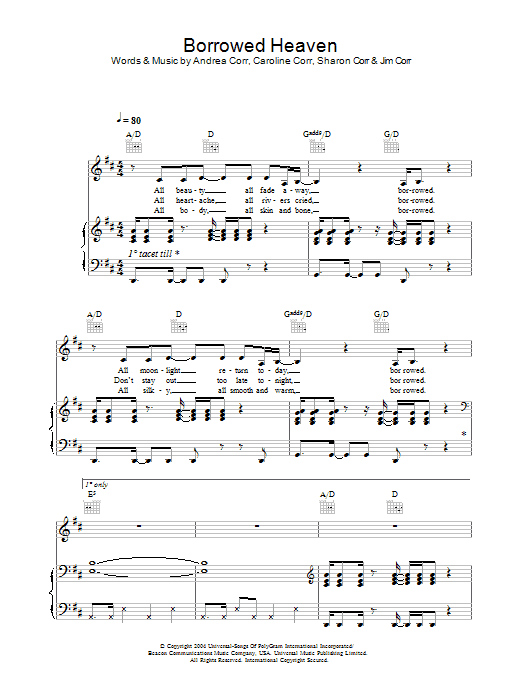 Learn to play The Corrs Borrowed Heaven sheet music for Piano, Vocal & Guitar Chords in minutes. Price: 7.8900$ The Corrs Borrowed Heaven sheet music notes and chords arranged for Piano, Vocal & Guitar Chords