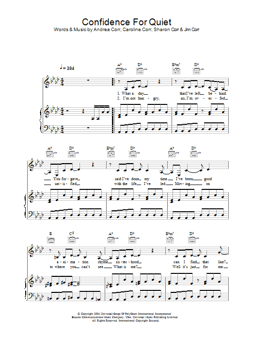 Learn to play The Corrs Confidence For Quiet sheet music for Piano, Vocal & Guitar Chords in minutes. Price: 7.8900$ The Corrs Confidence For Quiet sheet music notes and chords arranged for Piano, Vocal & Guitar Chords