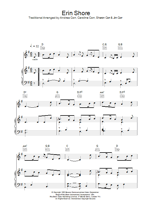 The Corrs Erin Shore sheet music notes and chords. Download Printable PDF.