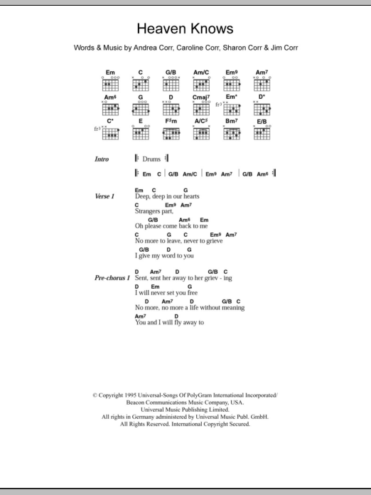 The Corrs Heaven Knows sheet music notes and chords arranged for Piano Chords/Lyrics