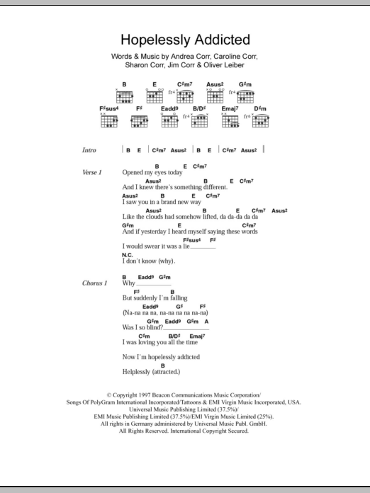 The Corrs Hopelessly Addicted sheet music notes and chords arranged for Piano Chords/Lyrics