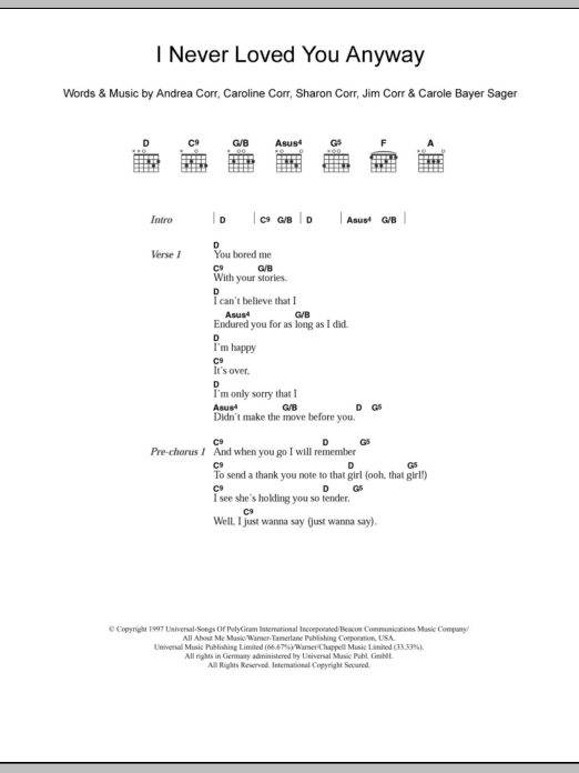 The Corrs I Never Loved You Anyway sheet music notes and chords. Download Printable PDF.