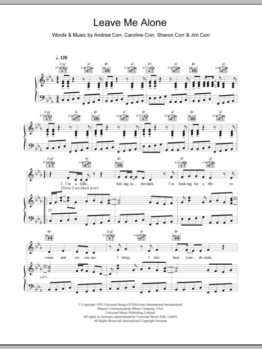 Learn to play The Corrs Leave Me Alone sheet music for Piano, Vocal & Guitar Chords in minutes. Price: 7.8900$ The Corrs Leave Me Alone sheet music notes and chords arranged for Piano, Vocal & Guitar Chords