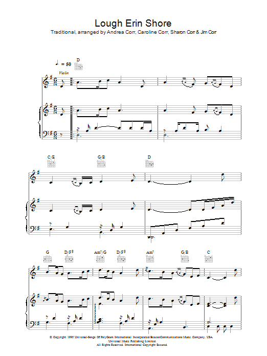 Learn to play The Corrs Lough Erin Shore sheet music for Piano, Vocal & Guitar Chords in minutes. Price: 7.8900$ The Corrs Lough Erin Shore sheet music notes and chords arranged for Piano, Vocal & Guitar Chords
