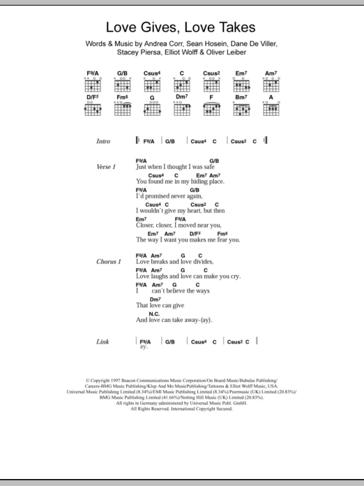 The Corrs Love Gives Love Takes sheet music notes and chords arranged for Piano Chords/Lyrics