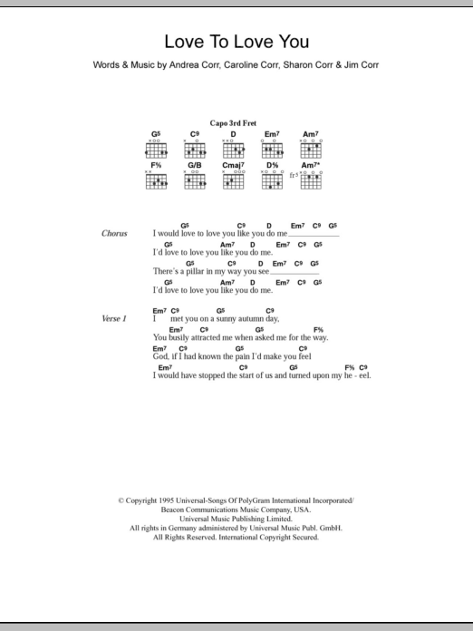 The Corrs Love To Love You sheet music notes and chords arranged for Piano Chords/Lyrics