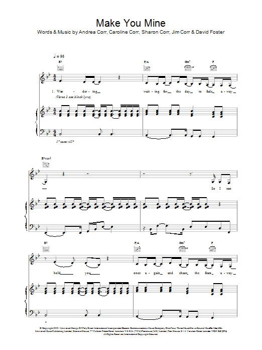 Learn to play The Corrs Make You Mine sheet music for Piano, Vocal & Guitar Chords in minutes. Price: 7.8900$ The Corrs Make You Mine sheet music notes and chords arranged for Piano, Vocal & Guitar Chords