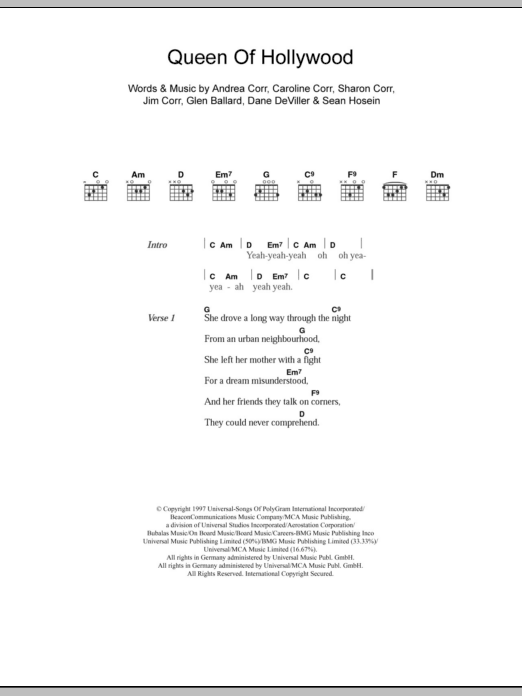 The Corrs Queen Of Hollywood sheet music notes and chords arranged for Piano Chords/Lyrics