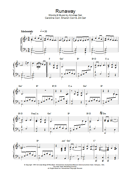 The Corrs Runaway sheet music notes and chords arranged for Piano, Vocal & Guitar Chords