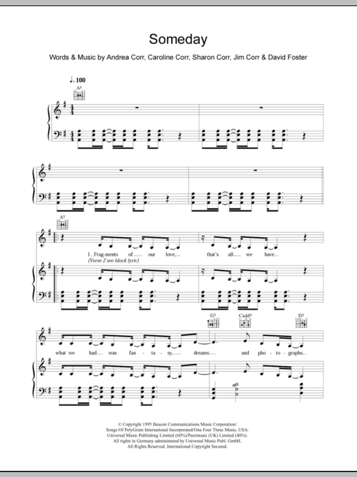 Learn to play The Corrs Someday sheet music for Piano, Vocal & Guitar Chords in minutes. Price: 7.8900$ The Corrs Someday sheet music notes and chords arranged for Piano, Vocal & Guitar Chords