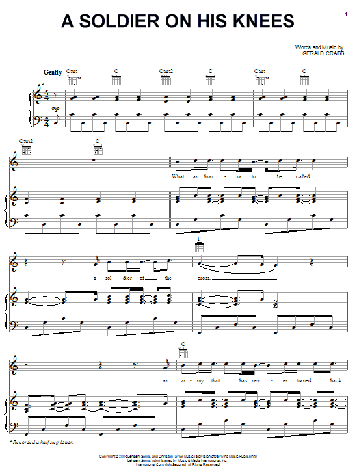 Learn to play The Crabb Family A Soldier On His Knees sheet music for Piano, Vocal & Guitar Chords (Right-Hand Melody) in minutes. Price: 7.8900$ The Crabb Family A Soldier On His Knees sheet music notes and chords arranged for Piano, Vocal & Guitar Chords (Right-Hand Melody)