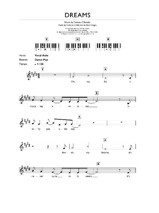 The Cranberries Dreams sheet music notes and chords. Download Printable PDF.