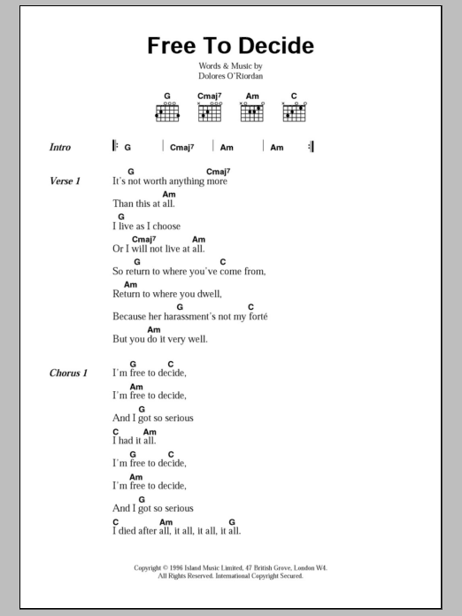 The Cranberries Free To Decide sheet music notes and chords. Download Printable PDF.