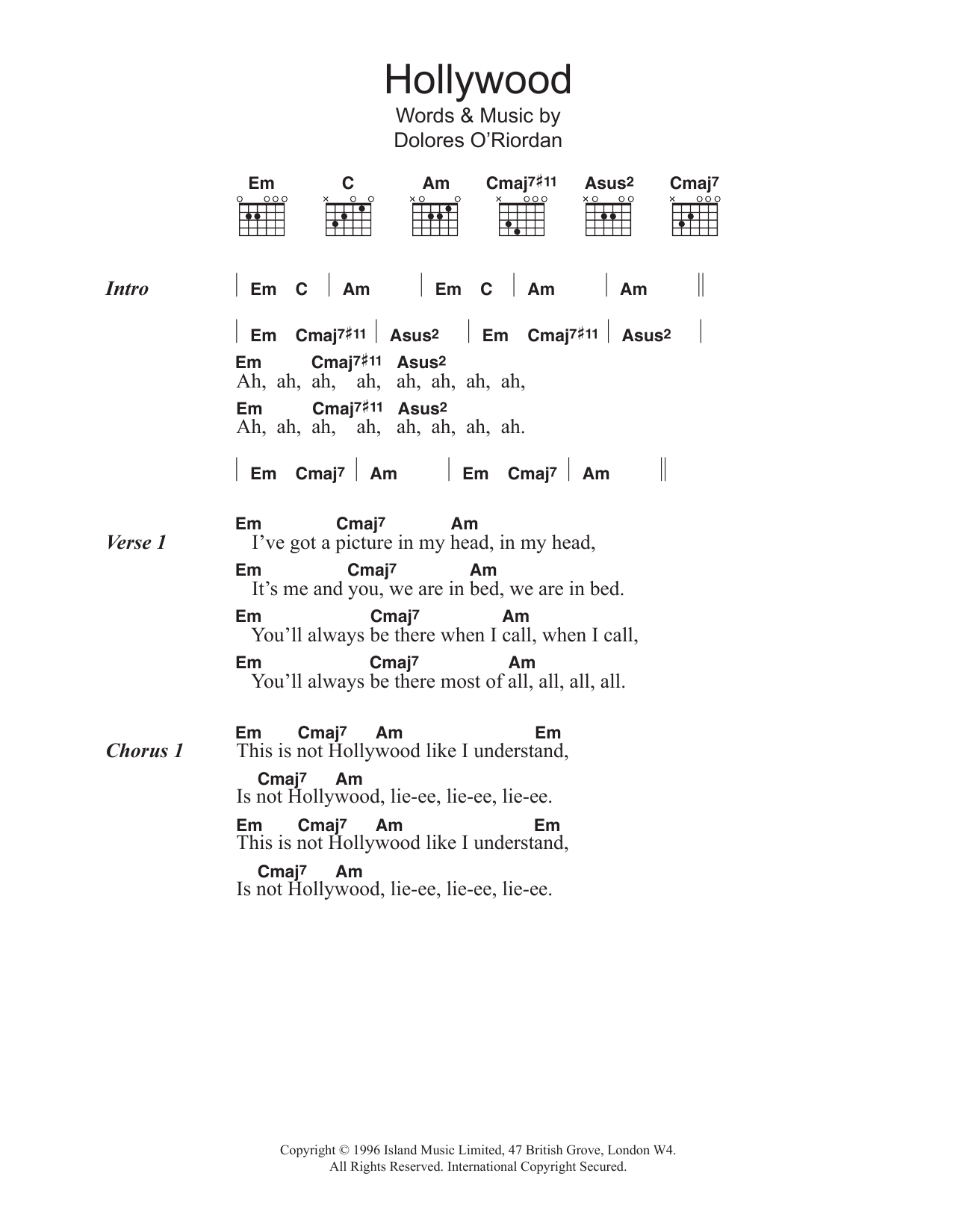 The Cranberries Hollywood sheet music notes and chords. Download Printable PDF.