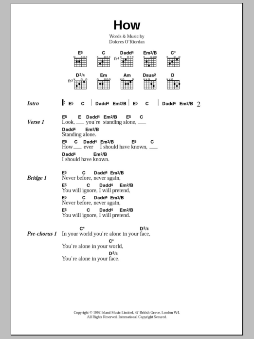 Learn to play The Cranberries How sheet music for Guitar Tab in minutes. Price: 7.8900$ The Cranberries How sheet music notes and chords arranged for Guitar Tab