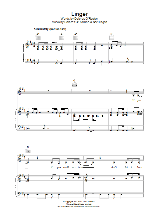 The Cranberries Linger sheet music notes and chords. Download Printable PDF.