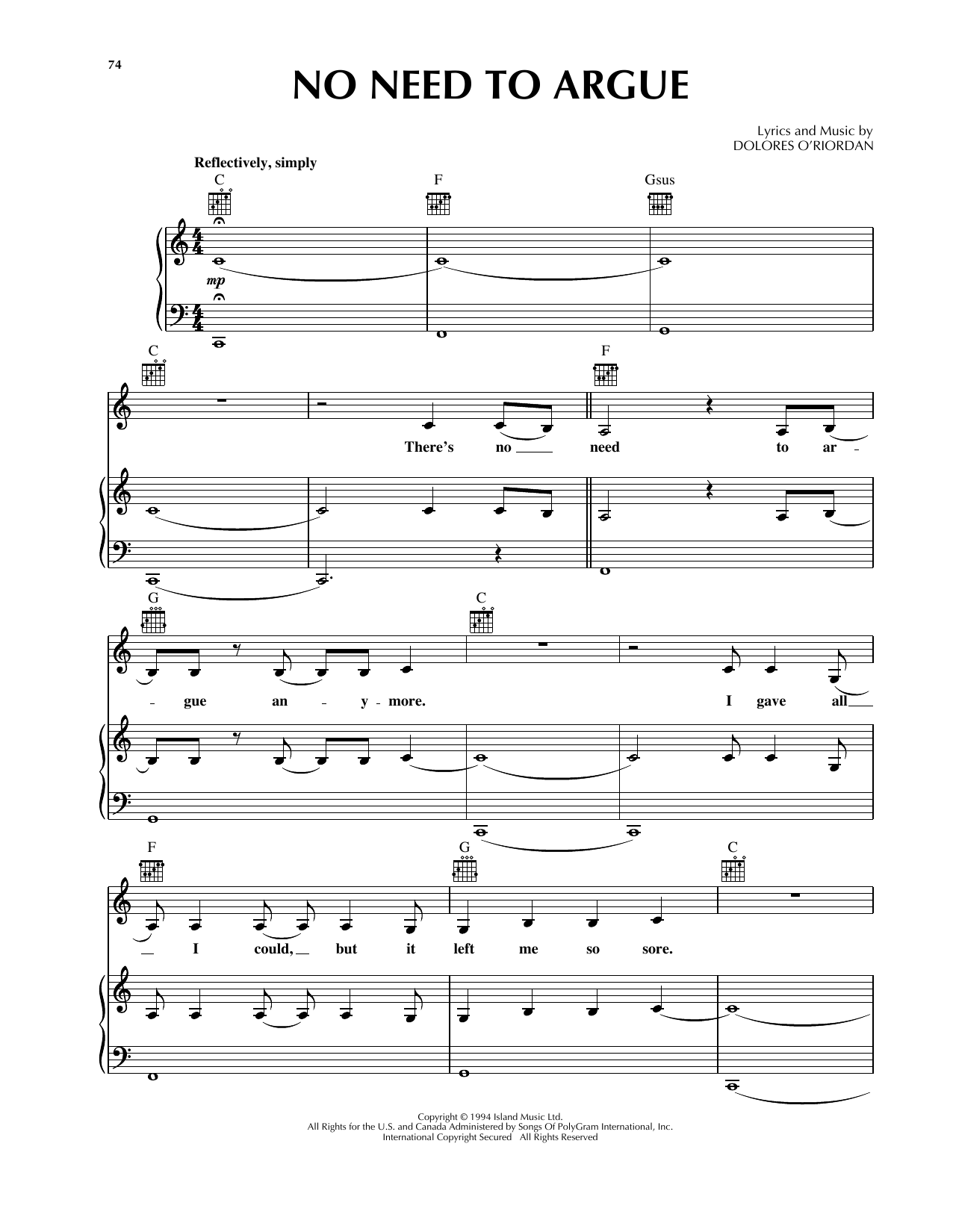 The Cranberries No Need To Argue sheet music notes and chords. Download Printable PDF.