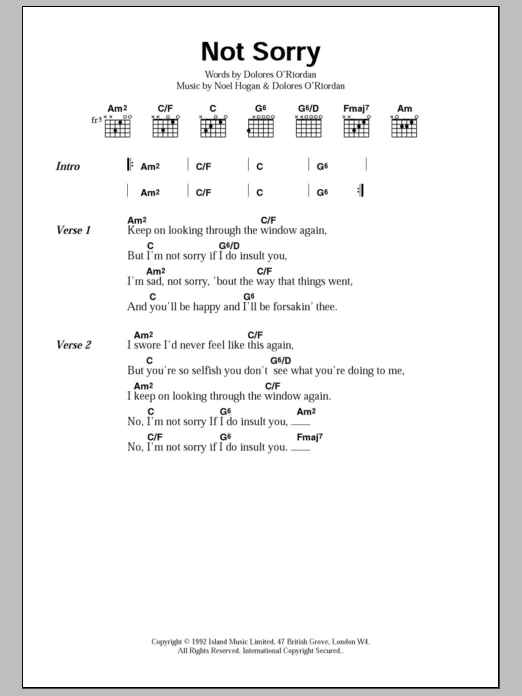 Learn to play The Cranberries Not Sorry sheet music for Piano, Vocal & Guitar Chords (Right-Hand Melody) in minutes. Price: 7.8900$ The Cranberries Not Sorry sheet music notes and chords arranged for Piano, Vocal & Guitar Chords (Right-Hand Melody)