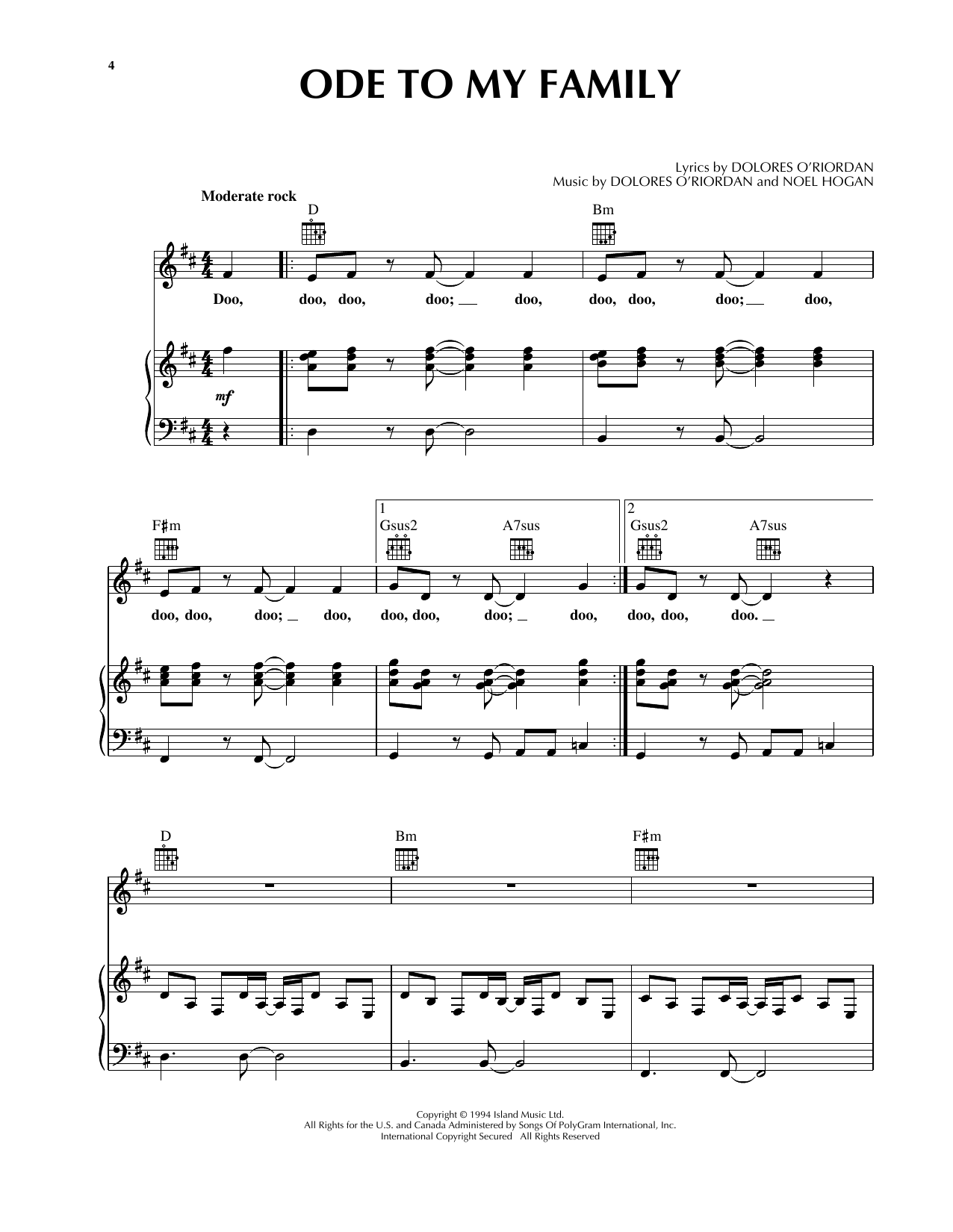 The Cranberries Ode To My Family sheet music notes and chords. Download Printable PDF.