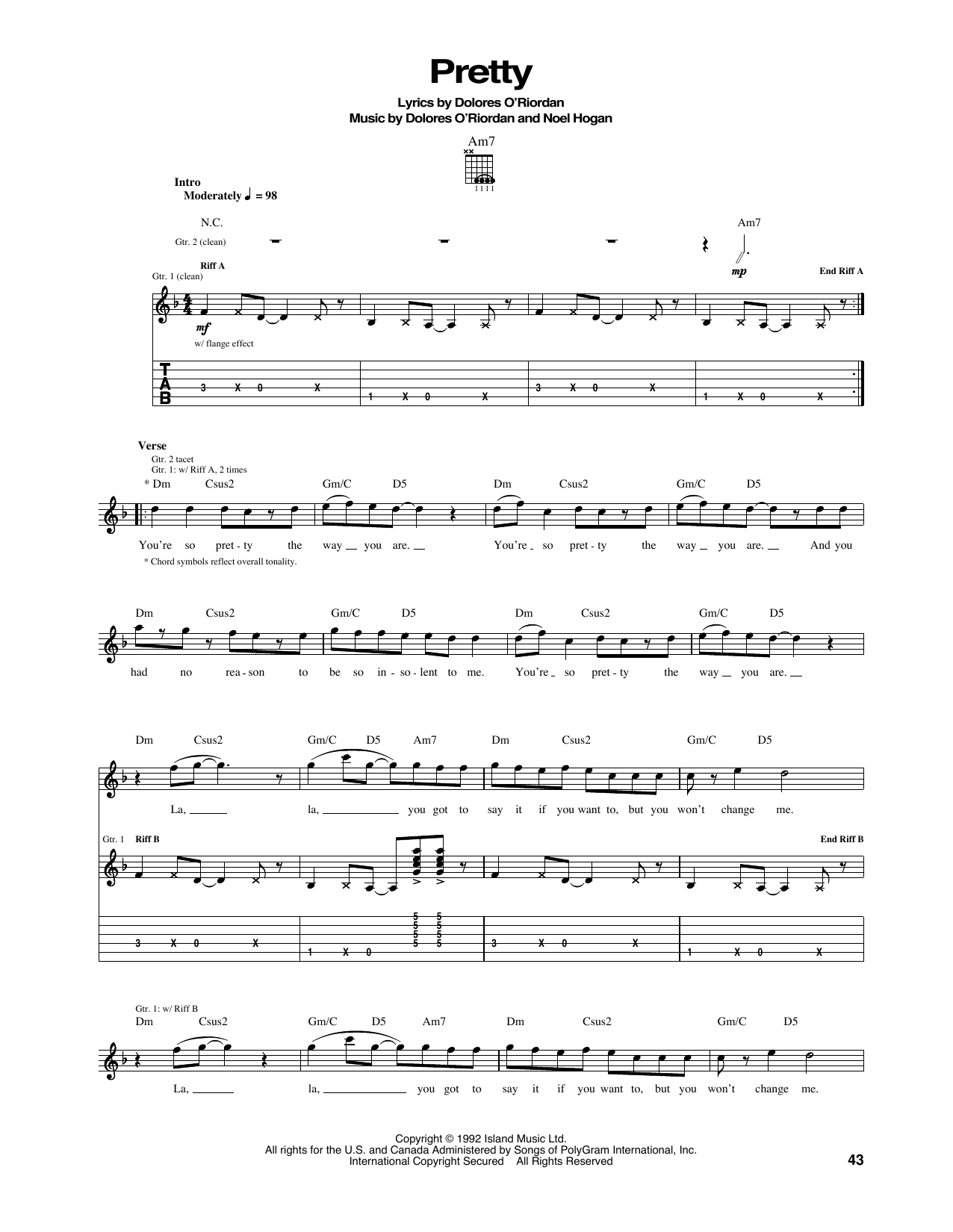 Learn to play The Cranberries Pretty sheet music for Guitar Tab in minutes. Price: 7.8900$ The Cranberries Pretty sheet music notes and chords arranged for Guitar Tab