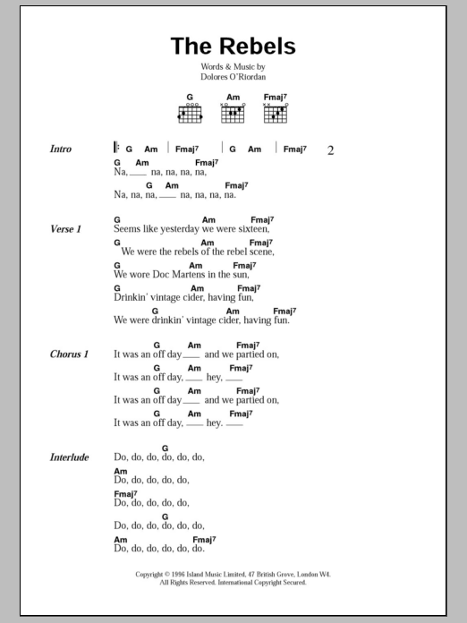 The Cranberries The Rebels sheet music notes and chords. Download Printable PDF.