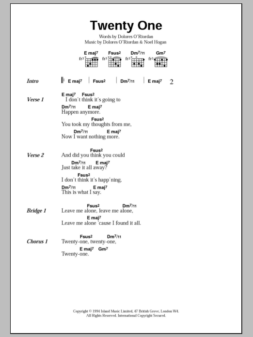 Learn to play The Cranberries Twenty One sheet music for Guitar Tab in minutes. Price: 7.8900$ The Cranberries Twenty One sheet music notes and chords arranged for Guitar Tab