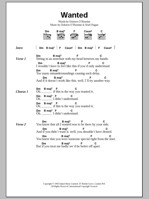 Learn to play The Cranberries Wanted sheet music for Guitar Chords/Lyrics in minutes. Price: 4.4900$ The Cranberries Wanted sheet music notes and chords arranged for Guitar Chords/Lyrics