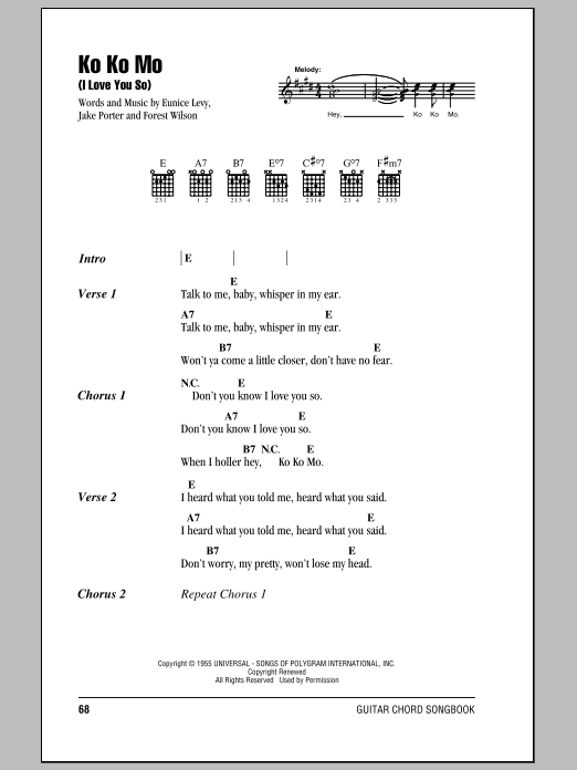 Learn to play The Crew Cuts Ko Ko Mo (I Love You So) sheet music for Piano, Vocal & Guitar Chords (Right-Hand Melody) in minutes. Price: 7.8900$ The Crew Cuts Ko Ko Mo (I Love You So) sheet music notes and chords arranged for Piano, Vocal & Guitar Chords (Right-Hand Melody)