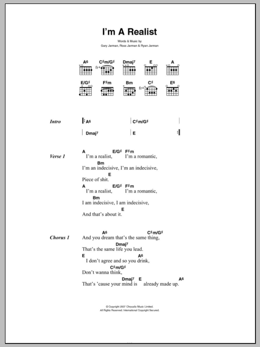Learn to play The Cribs I'm A Realist sheet music for Guitar Chords/Lyrics in minutes. Price: 4.4900$ The Cribs I'm A Realist sheet music notes and chords arranged for Guitar Chords/Lyrics