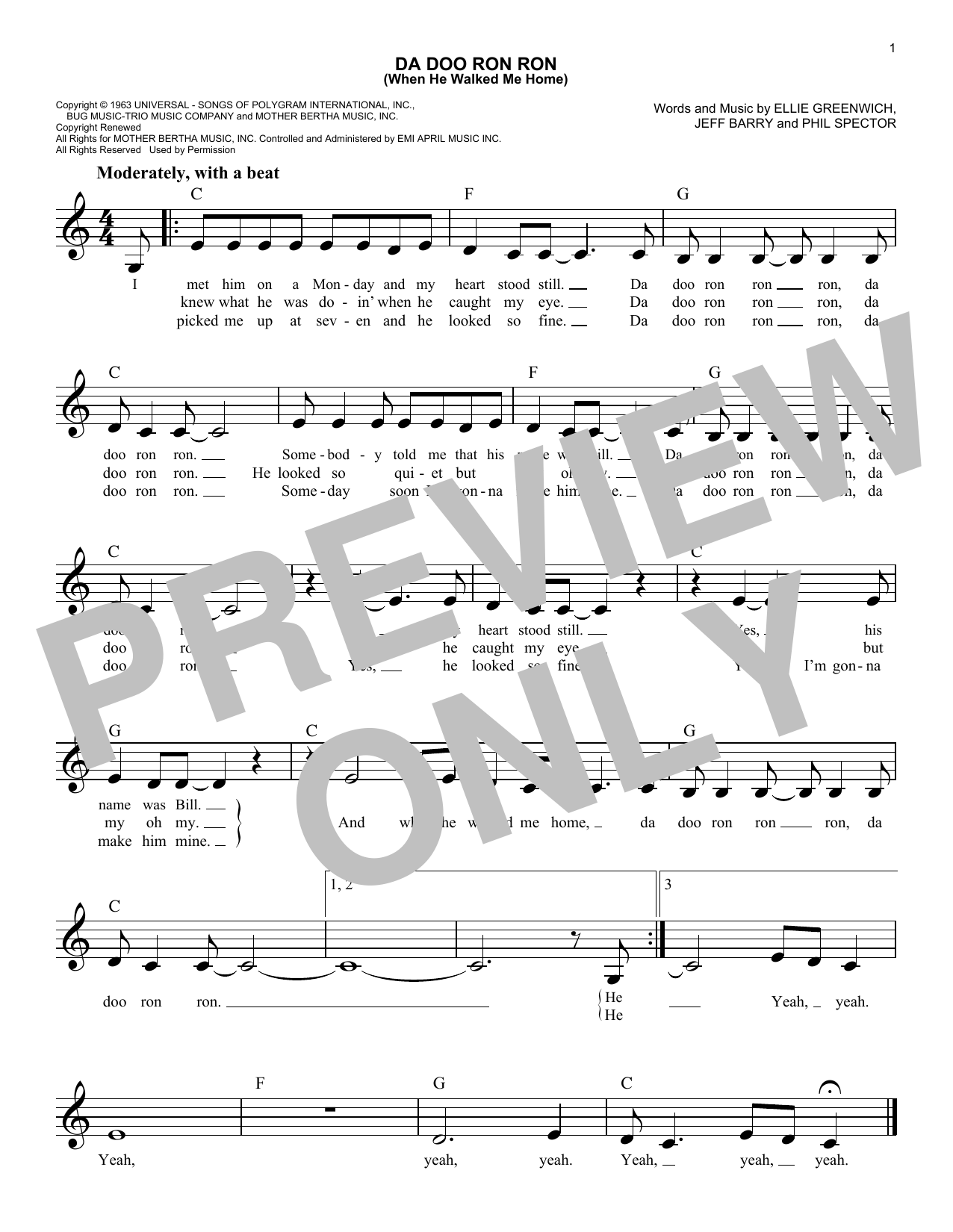 The Crystals Da Doo Ron Ron (When He Walked Me Home) sheet music notes and chords. Download Printable PDF.