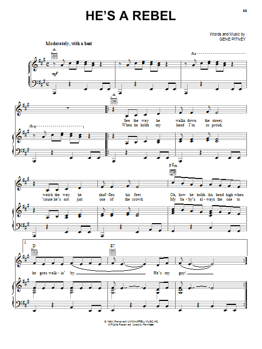 The Crystals He's A Rebel sheet music notes and chords arranged for Piano, Vocal & Guitar Chords (Right-Hand Melody)