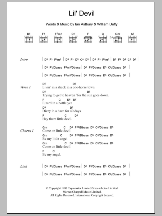 The Cult Lil' Devil sheet music notes and chords arranged for Guitar Chords/Lyrics