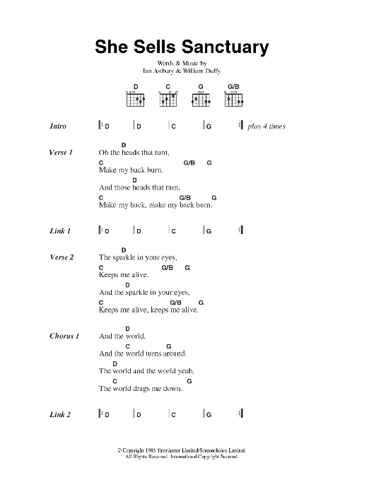 The Cult She Sells Sanctuary sheet music notes and chords arranged for Guitar Chords/Lyrics