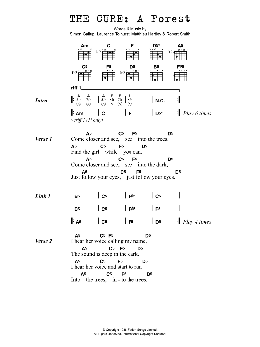 Learn to play The Cure A Forest sheet music for Guitar Tab in minutes. Price: 7.8900$ The Cure A Forest sheet music notes and chords arranged for Guitar Tab