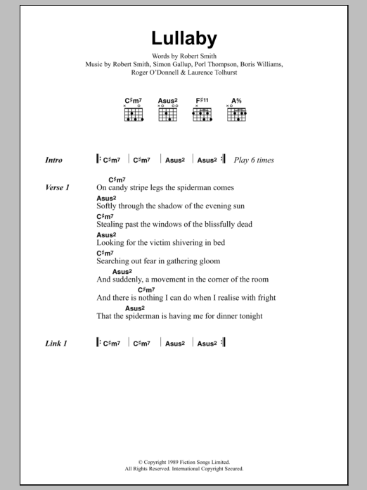 The Cure Lullaby sheet music notes and chords. Download Printable PDF.