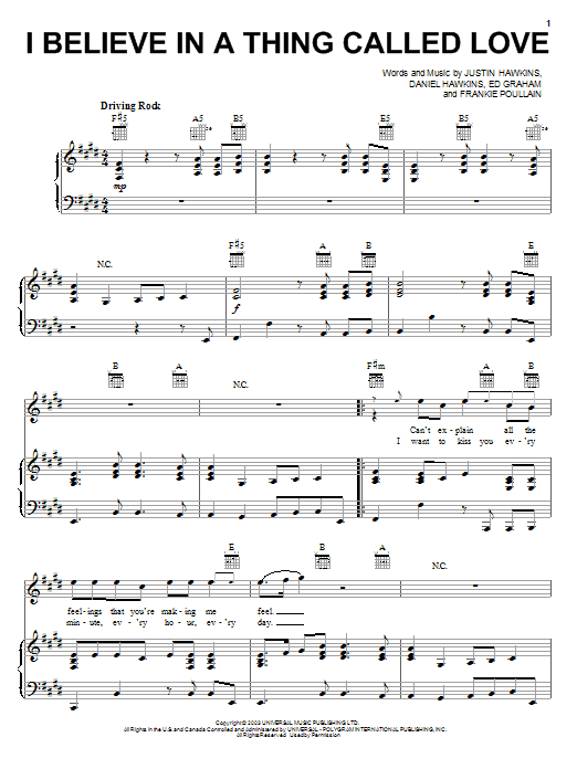 The Darkness I Believe In A Thing Called Love sheet music notes and chords. Download Printable PDF.