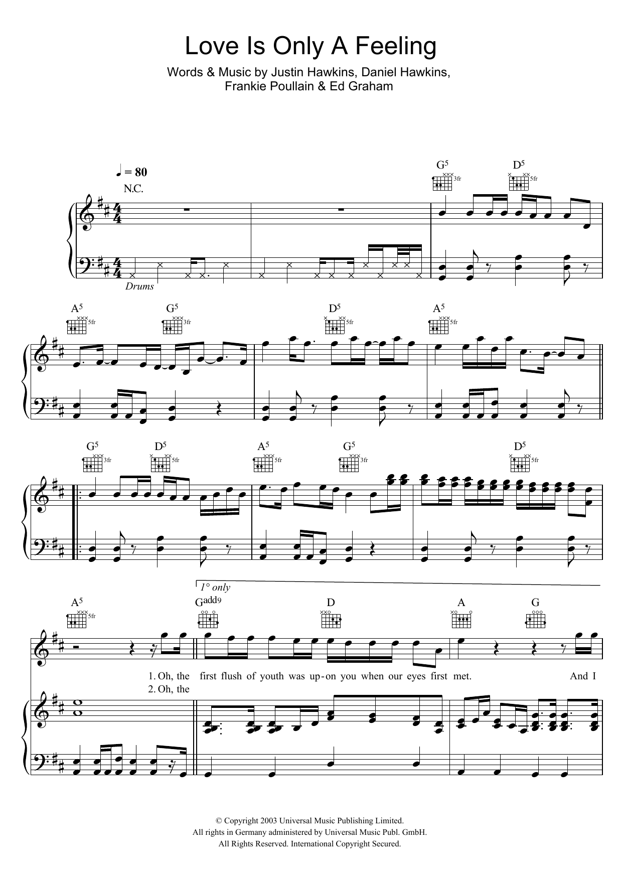 Learn to play The Darkness Love Is Only A Feeling sheet music for Piano, Vocal & Guitar Chords in minutes. Price: 7.8900$ The Darkness Love Is Only A Feeling sheet music notes and chords arranged for Piano, Vocal & Guitar Chords