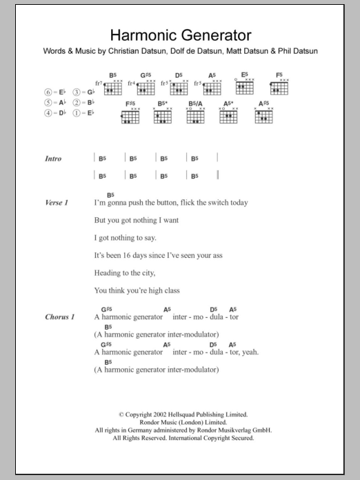 The Datsuns Harmonic Generator sheet music notes and chords. Download Printable PDF.