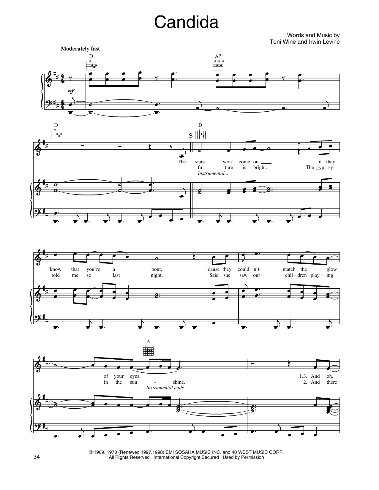 The Dawn & Tony Orlando Candida sheet music notes and chords. Download Printable PDF.