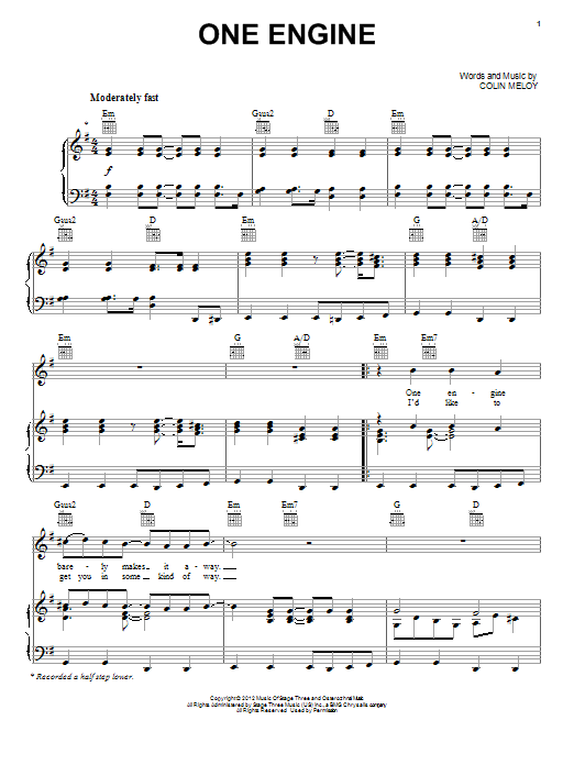 Learn to play The Decemberists One Engine sheet music for Piano, Vocal & Guitar Chords (Right-Hand Melody) in minutes. Price: 7.8900$ The Decemberists One Engine sheet music notes and chords arranged for Piano, Vocal & Guitar Chords (Right-Hand Melody)