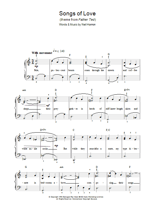 The Divine Comedy Songs Of Love (theme from Father Ted) sheet music notes and chords arranged for Piano, Vocal & Guitar Chords