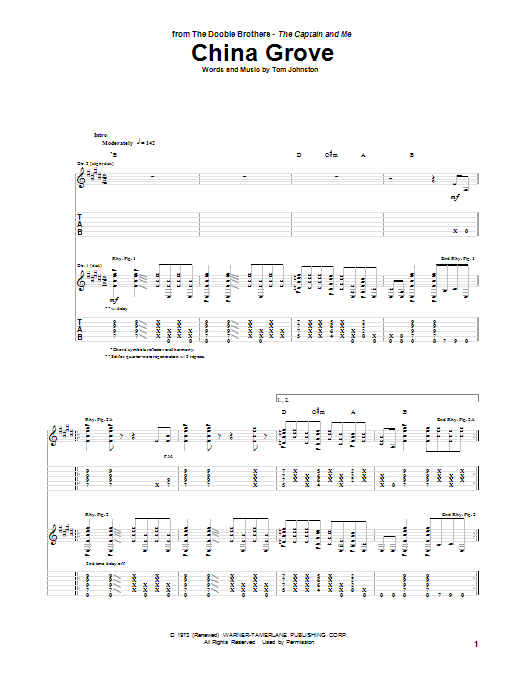 The Doobie Brothers China Grove sheet music notes and chords. Download Printable PDF.