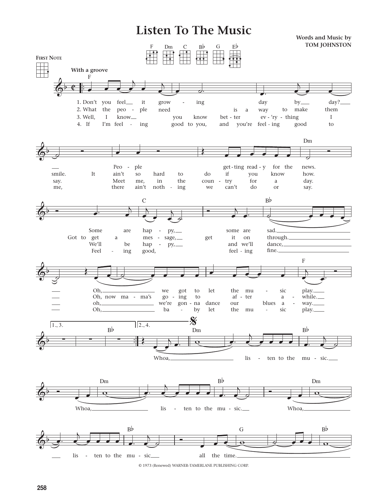The Doobie Brothers Listen To The Music (from The Daily Ukulele) sheet music notes and chords arranged for Baritone Ukulele