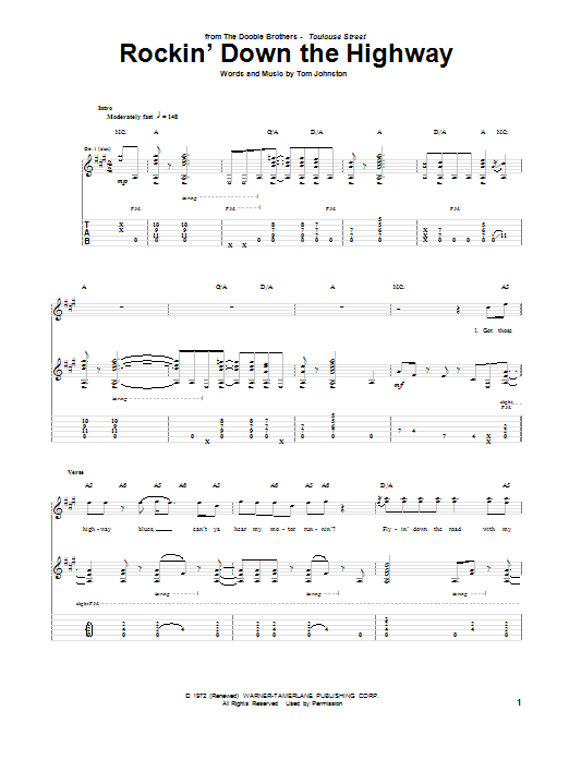 The Doobie Brothers Rockin' Down The Highway sheet music notes and chords. Download Printable PDF.