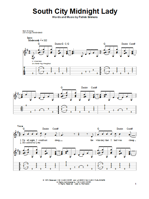 The Doobie Brothers South City Midnight Lady sheet music notes and chords. Download Printable PDF.